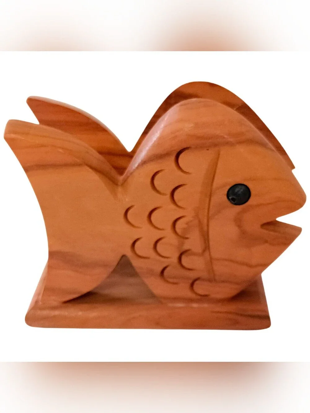 Olive Wood Fish Napkin Holder Carved Coastal Beach Kitchen Mail Desk Organizer